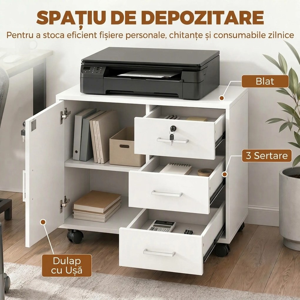 HOMCOM Dulap de Birou cu 3 Sertare și Dulăpior cu 3 Rafturi Reglabile, Sertar pentru Documente, 60x40x56 cm, Alb | Aosom Romania