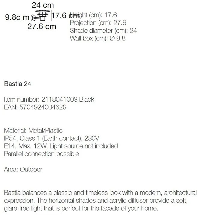 Aplica de perete pentru ilumninat exterior IP54, Bastia 24 negru 2118041003 NL