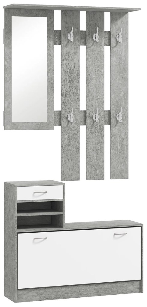 HOMCOM Mobilier Hol, 3 piese, cu Raft pentru Haine, Oglindă, 6 Cârlige, 2 Rafturi și Sertare, 90x24x177 cm, Gri | Aosom Romania