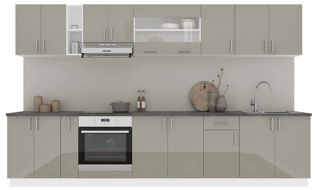 Set Bucatarie Karo V32, Gri Lucios/Alb, MDF, Blat Thermo 28 mm, L 340 cm