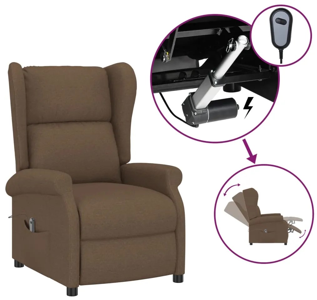 3098323 vidaXL Fotoliu electric rabatabil, spătar cu aripi, maro, textil