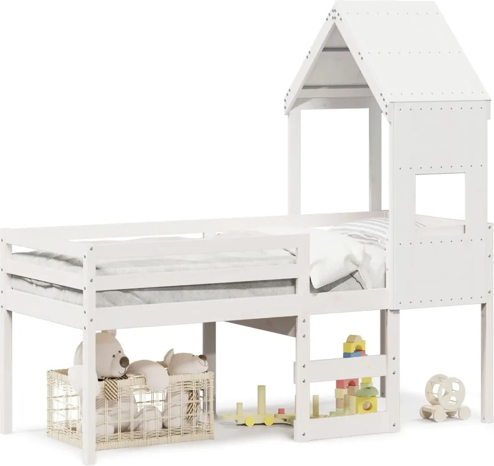 vidaXL Pat înalt cu acoperiș, alb, 75x190 cm, lemn masiv de pin