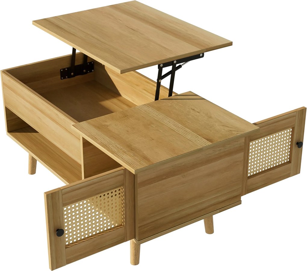 Masă de cafea cu blat rabatabil și uși din ratan, spațiu de depozitare practic,103x50x46 cm, Culoare naturală