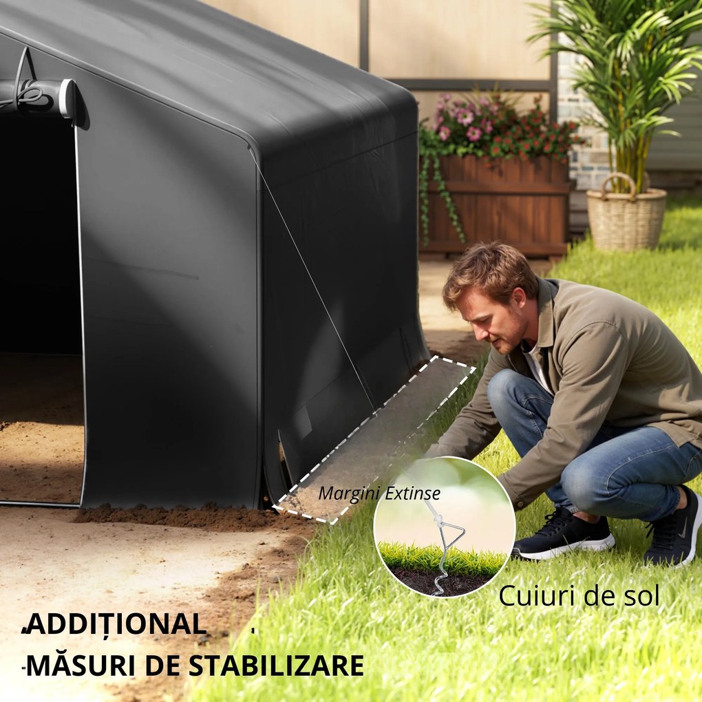 Outsunny Magazie de grădină portabilă, cort pentru biciclete, ușă rulabilă cu fermoar, cadru metalic, depozitare versatilă, gri închis | Aosom Romania