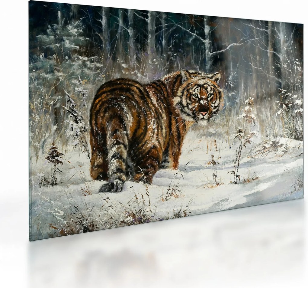 Tablou pe sticlă - Tigru într-o pădure înzăpezită, pictură în ulei (70x50 cm)