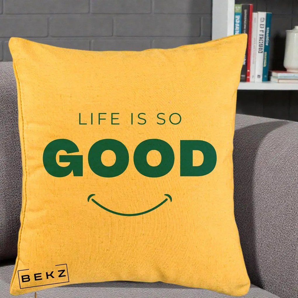 Perna Decorativa Life is So Good Mesaj Pozitiv, 40x40 cm, Galben, Husa Detasabila, Perna Inclusa, BEKZ®