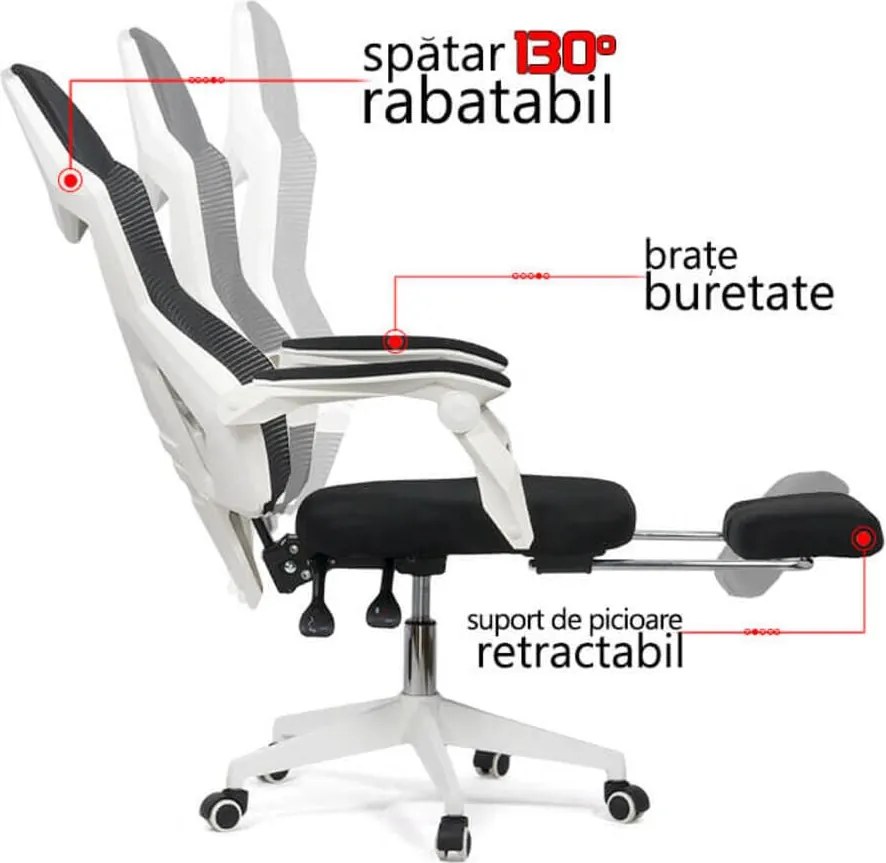Scaun ergonomic OFF 424 alb, suport picioare și rabatare 130°