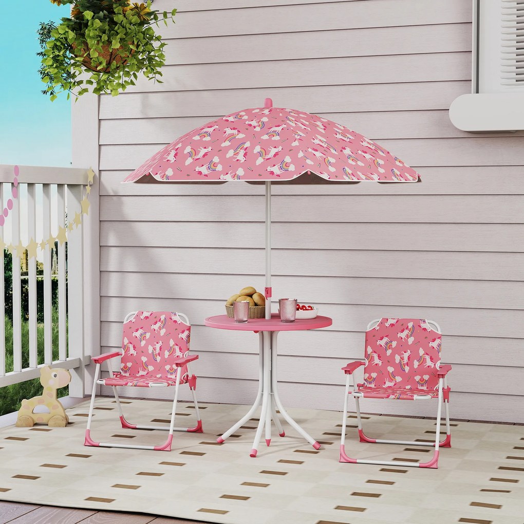 AIYAPLAY Masă de Picnic pentru Copii, Set Masă și Scaune cu 2 Scaune Pliabile și Umbrelă Detasabilă, Temă Junglă, Mobilier de Exterior pentru Grădină, Patio, Roz | Aosom Romania