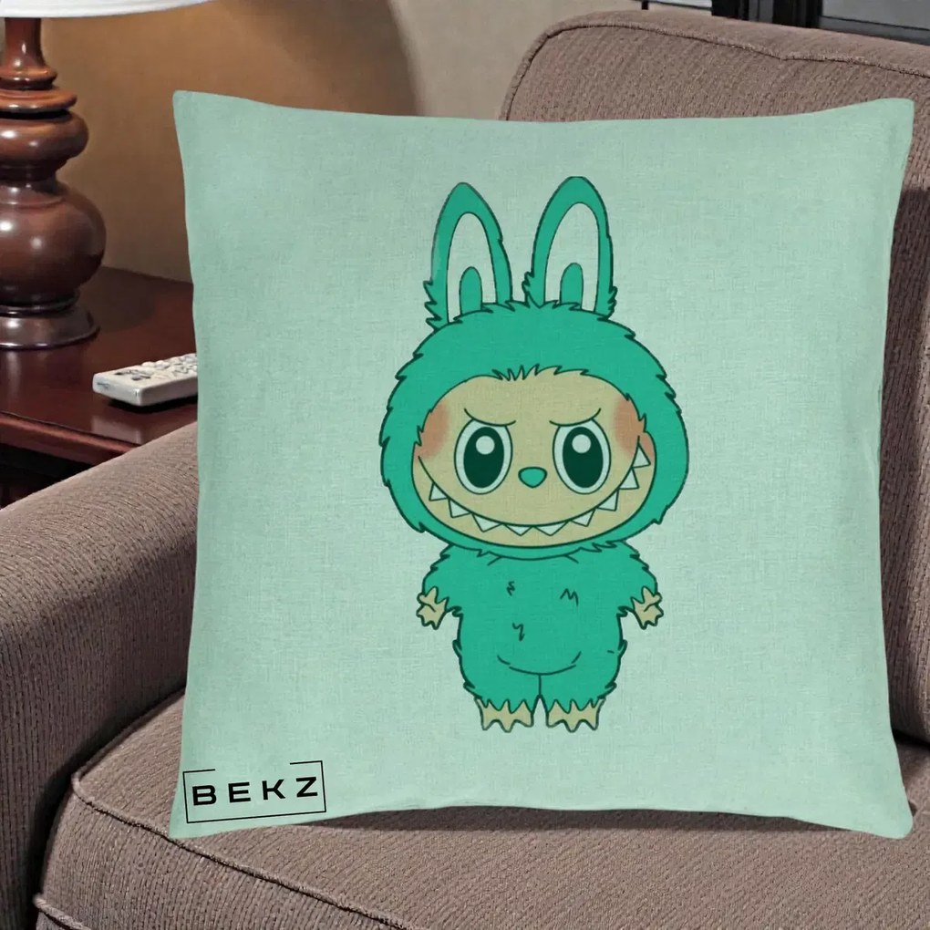 Perna Personalizata Labubu Turcoaz, 40x40 cm, Verde Menta, Husa Detasabila, Perna Inclusa, BEKZ®