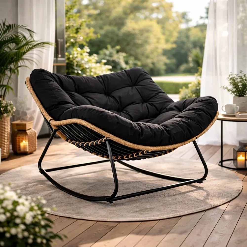 Scaun balansoar pentru interior si exterior, sezlong tip ou cu pernă captusita, cadru metalic, Negru