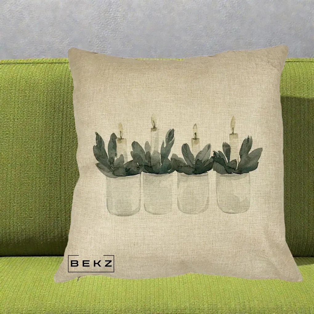 Perna Decorativa Lumanari in Borcane cu Eucalipt, 40x40 cm, Crem, Husa Detasabila, Perna Inclusa, BEKZ®