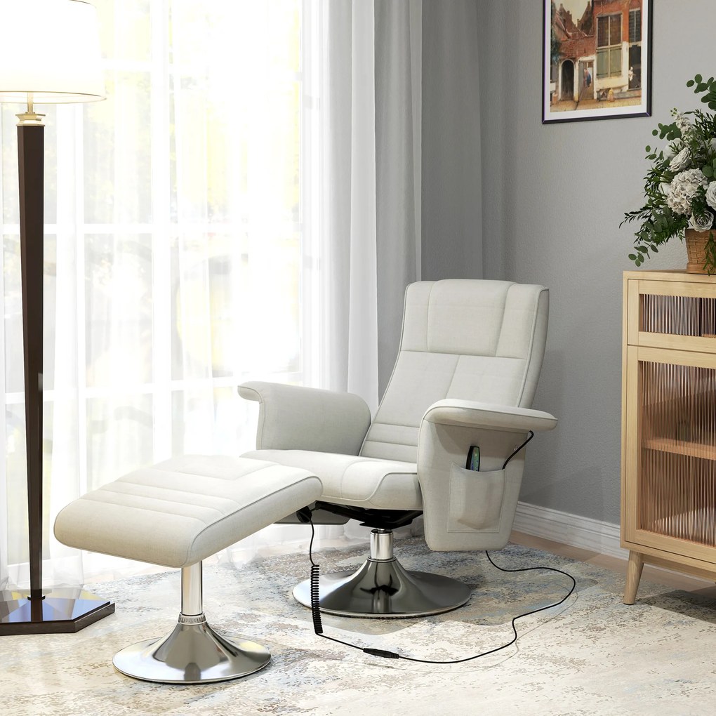 HOMCOM Fotoliu relaxant cu masaj și pouf, fotoliu TV cu spătar reglabil și șezut pivotant la 360° 78 x 95 x 88 cm crem | Aosom Romania