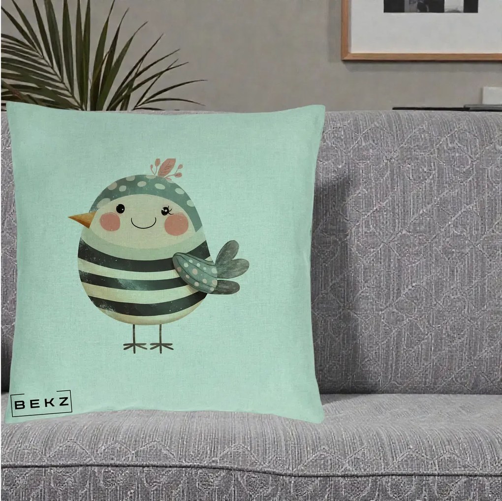 Perna Decorativa Pui Kawaii Teal cu Flori, 40x40 cm, Verde Menta, Husa Detasabila, Perna Inclusa, BEKZ®