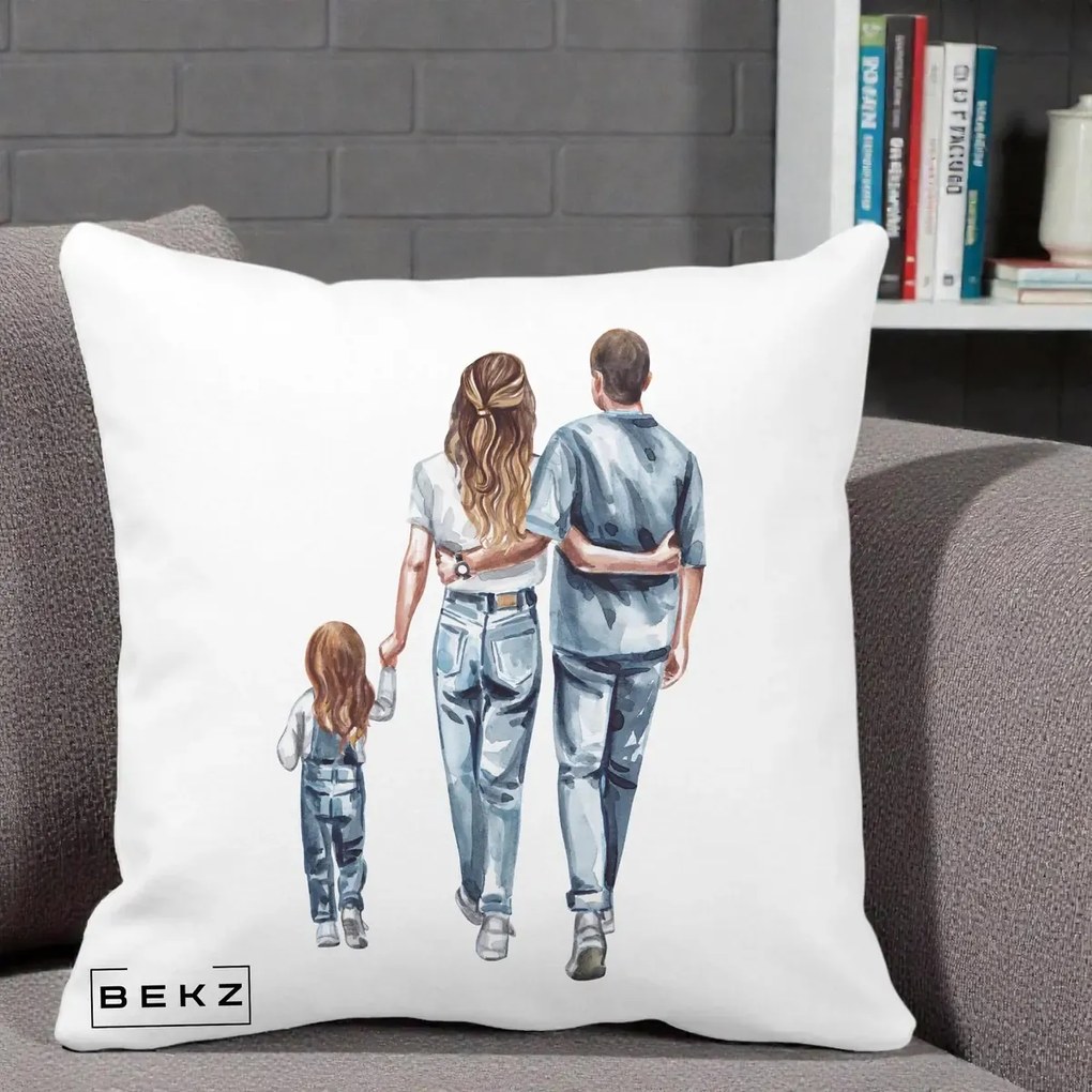 Cadou pentru Familie - Perna Personalizata Familie Acuarela Jeans, 40x40 cm, Alba Mata, Husa Detasabila, Perna Inclusa, BEKZ®