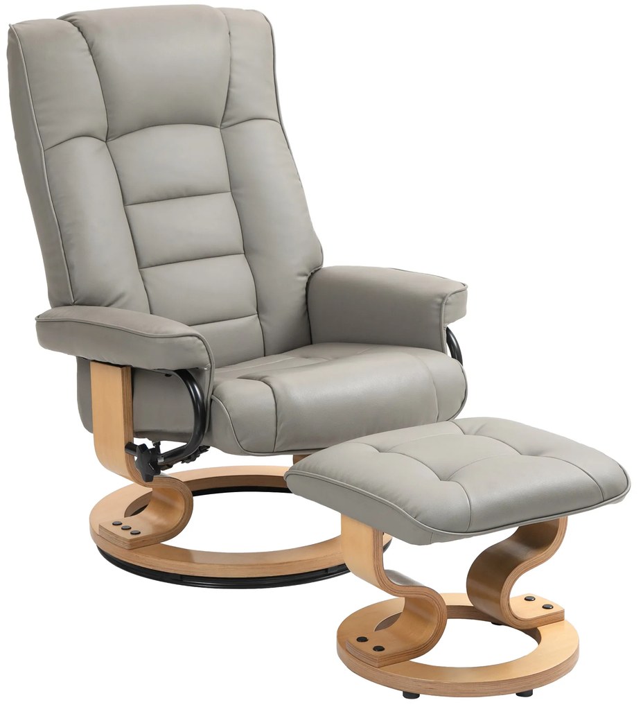 HOMCOM Fotoliu de relaxare inclinabil cu suport pentru picioare, pivotant, cadru din lemn, material sintetic gri | Aosom Romania