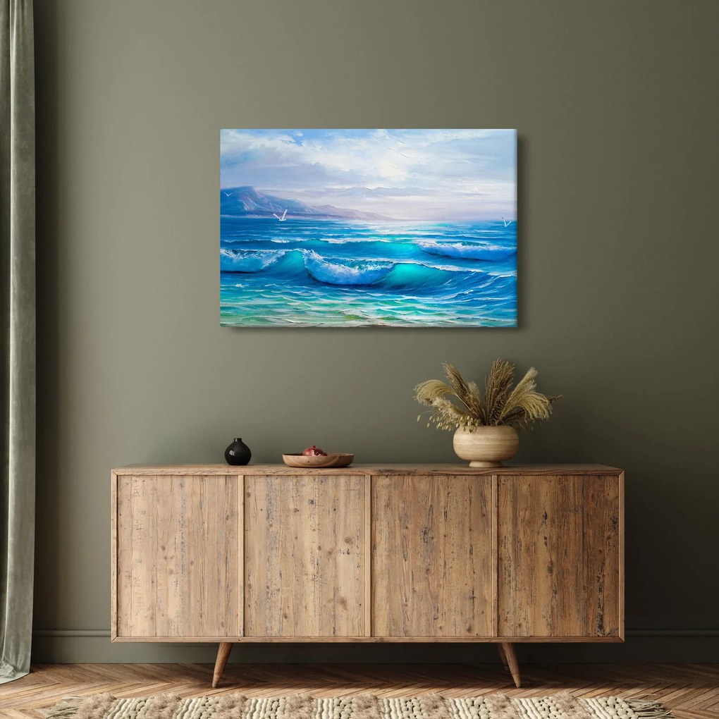 Tablou - Pictură în ulei de mare cu pescăruși (90x60 cm)