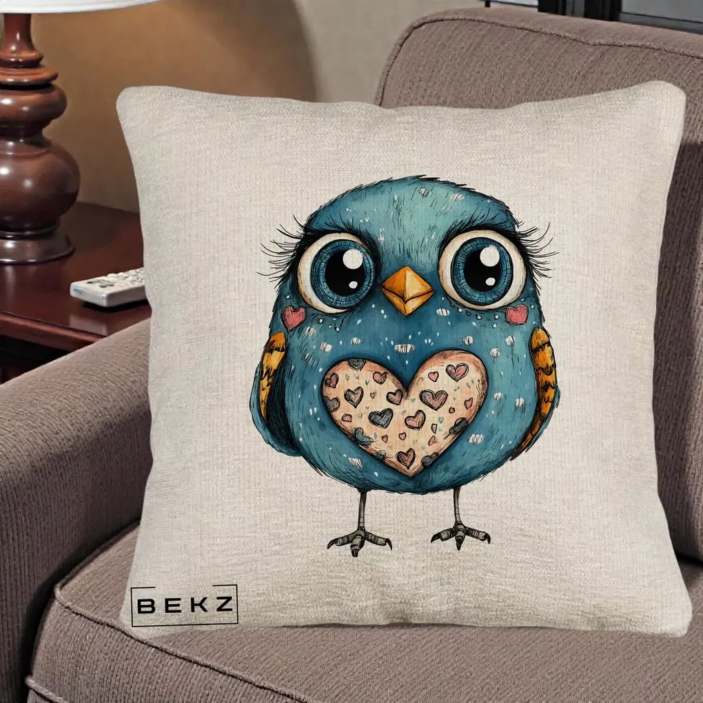 Perna Decorativa Bufnita Albastra cu Inimioare, 40x40 cm, Bej Canapea, Husa Detasabila, Perna Inclusa, BEKZ®