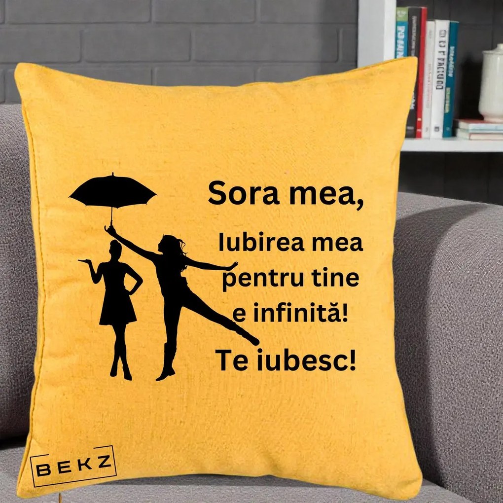 Cadou pentru Sora - Perna Personalizata Sora Mea Te Iubesc Siluete Negre cu Umbrela, 40x40 cm, Galben, Husa Detasabila, Perna Inclusa, BEKZ®