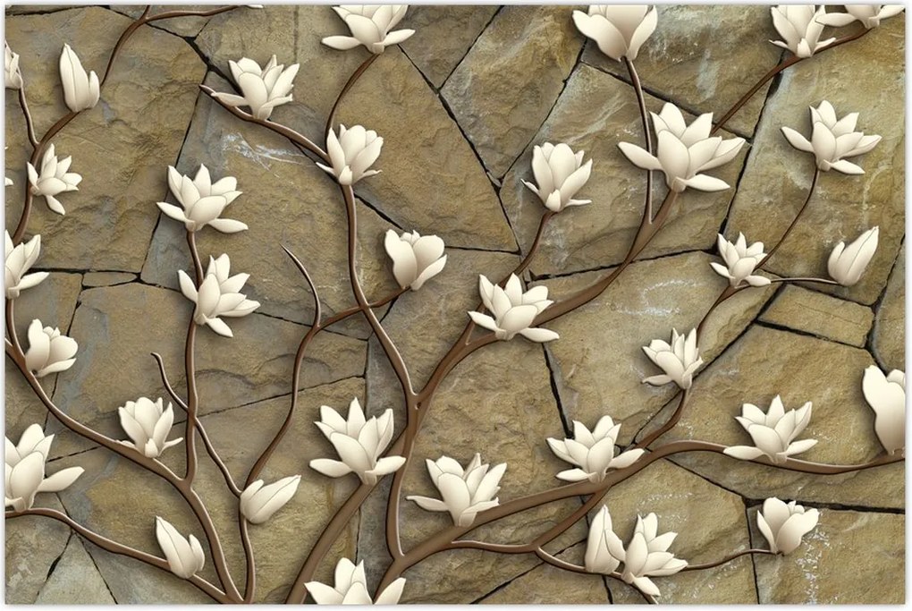 Tablou - Magnolii albe pe zidărie de piatră (90x60 cm)