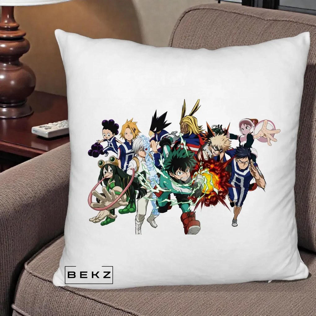 Perna Personalizata My Hero Academia Clasa 1-A Complet, 40x40 cm, Alb Pufos, Husa Detasabila, Perna Inclusa, BEKZ®