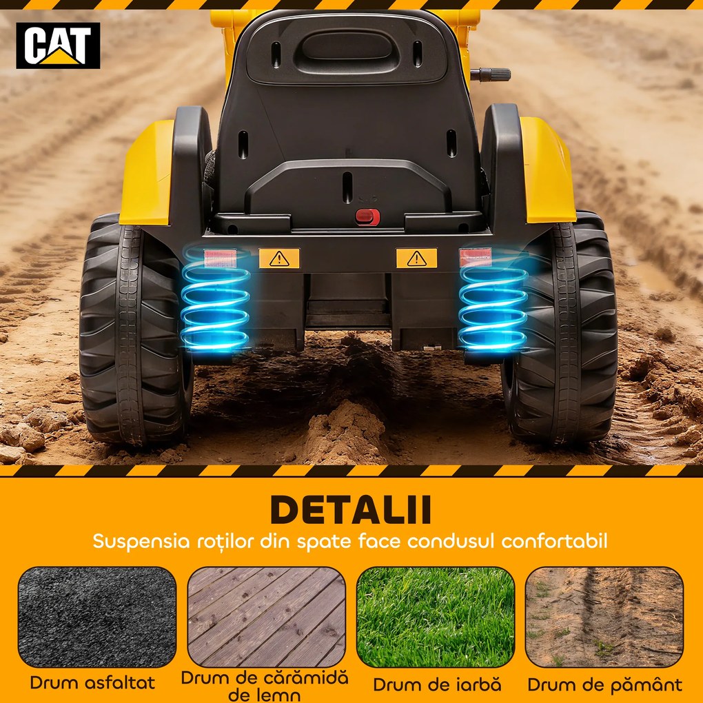 AIYAPLAY Ruspa Electrică pentru Copii 3-6 Ani Marca Oficială Caterpillar 12V cu Telecomandă, Galben | Aosom Romania