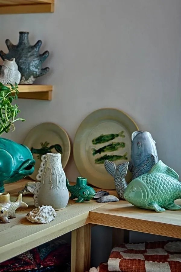 Set 4 farfurii ceramice verzi cu pești sculptați în relief, D27×H2 cm, „Hadden"