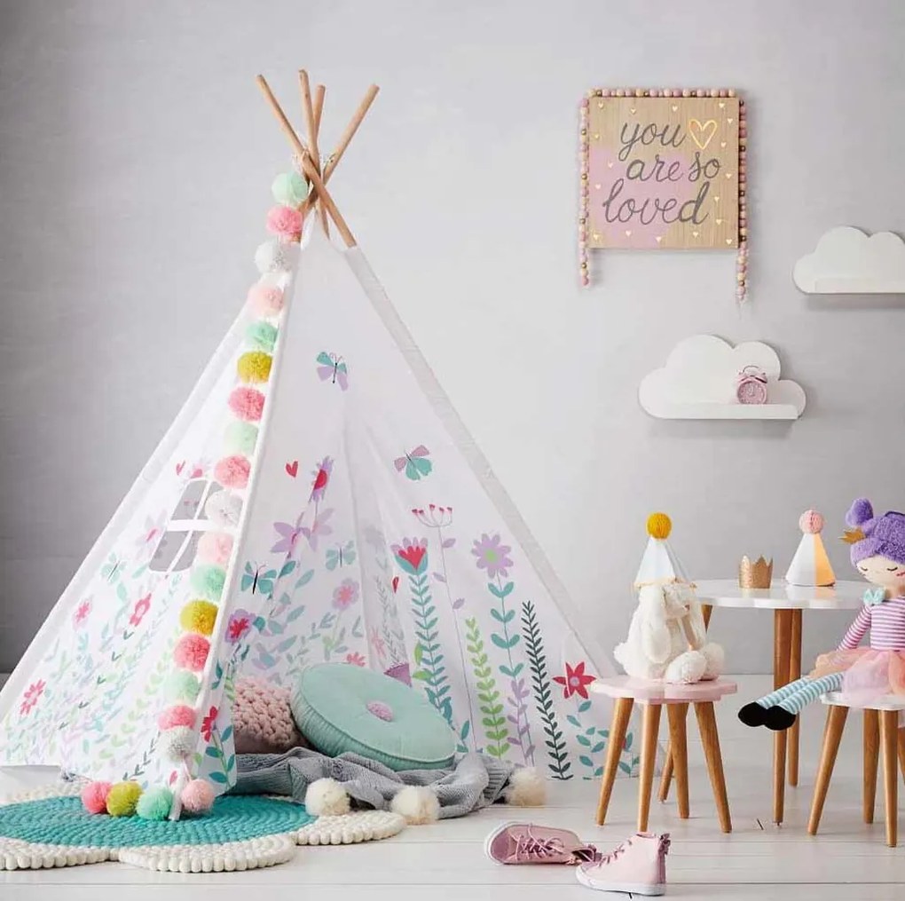 Cort teepee pentru copii FLOWERS alb