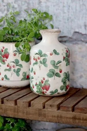 Vază din ceramică crem cu model căpșuni „Fraises” 17.5x 11 cm