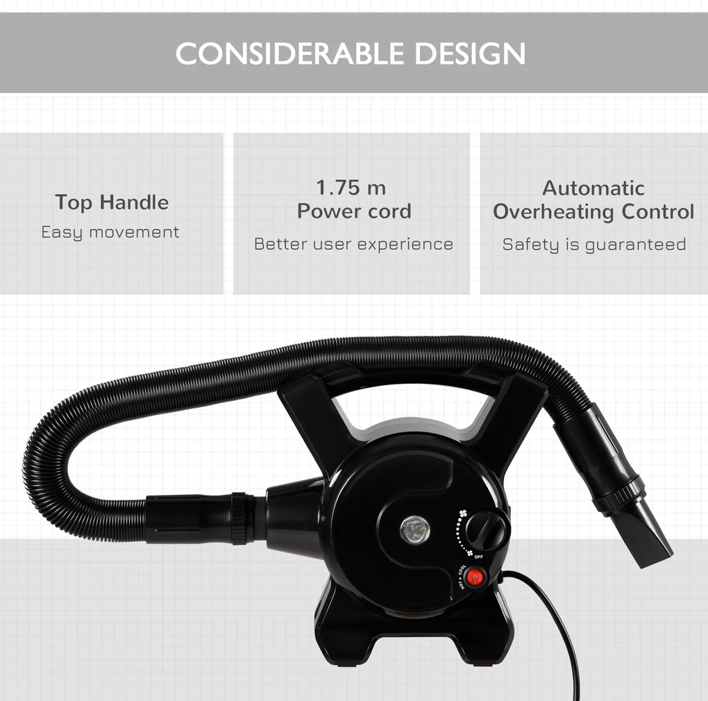 Uscator pentru caini PawHut cu viteze reglabile si 3 accesorii incluse, 2400w, Negru | Aosom RO