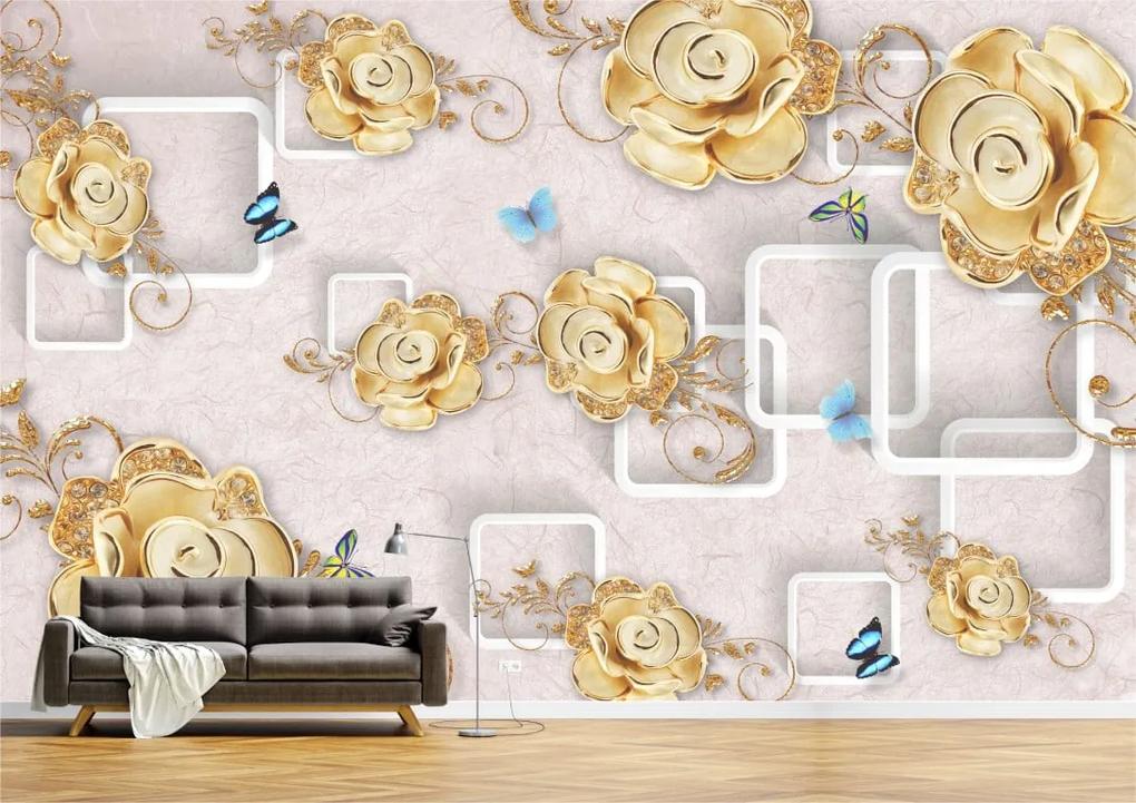 Tapet Premium Canvas - Abstract flori aurii cu fluturi