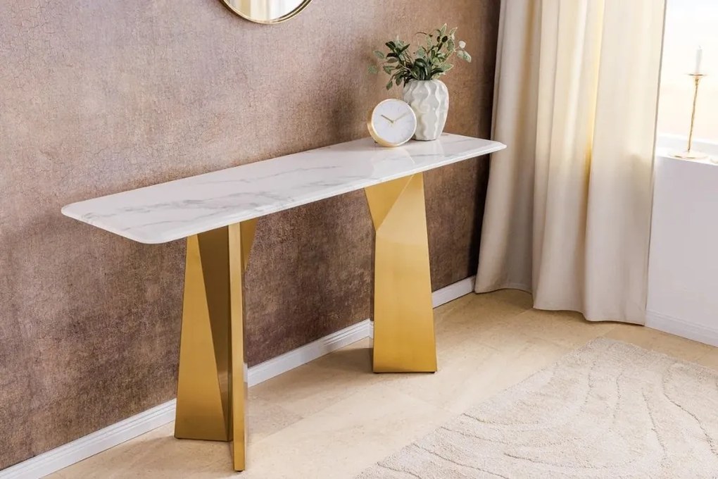 Consola design modern, Metal, Auriu, Marmura, Alb, EXTRAVAGANCIA 140cm