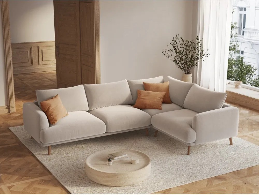 Colțar bej cu tapițerie din catifea (cu colț pe partea dreaptă/în formă de ”L”) Naomi – Micadoni