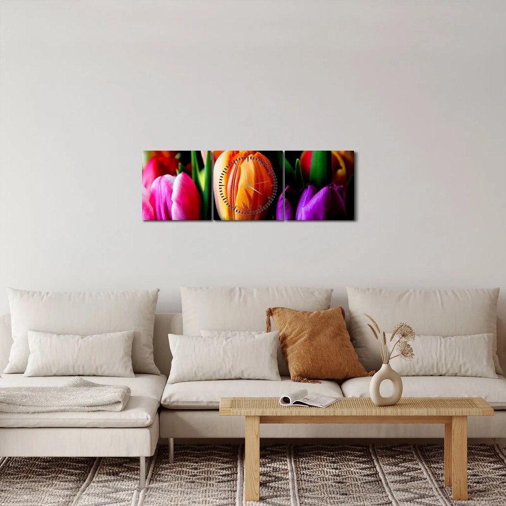 Tablou -Lalele pe fond negru (cu ceas) (90x30 cm)