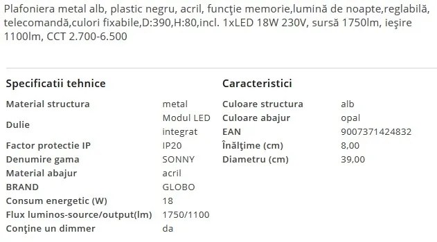 Plafoniera LED moderna cu telecomanda SONNY 18W
