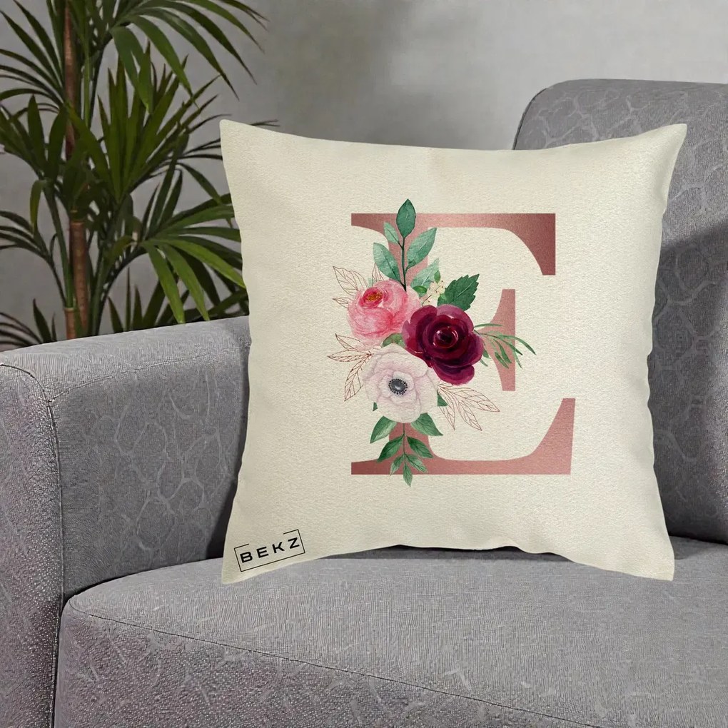 Cadou Personalizat - Perna Personalizata Monograma Rose Gold Litera E, 40x40 cm, Ecru, Husa Detasabila, Perna Inclusa, BEKZ®