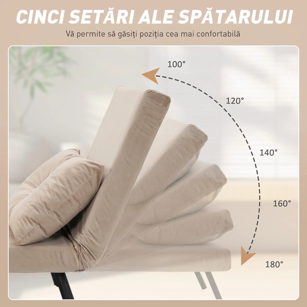 HOMCOM Canapea Extensibilă cu Spătar Reglabil pe 5 Nivele, Canapea Pat Individuală Pliabilă cu Perne, 63x73x81 cm, Negru | Aosom Romania