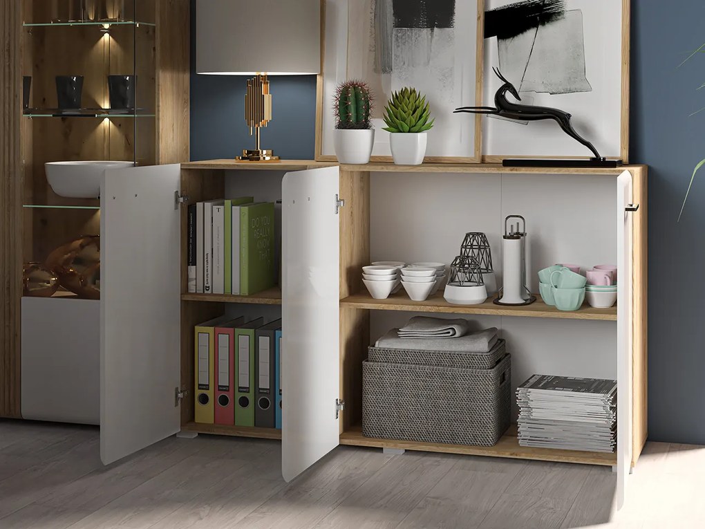 Comoda cu 3 usi, alb lucios+stejar, 150x90x42 cm, canturi abs, inchidere silentioasa usa , sertare extensie totala alb lucios stejar, 150 cm, 90 cm,