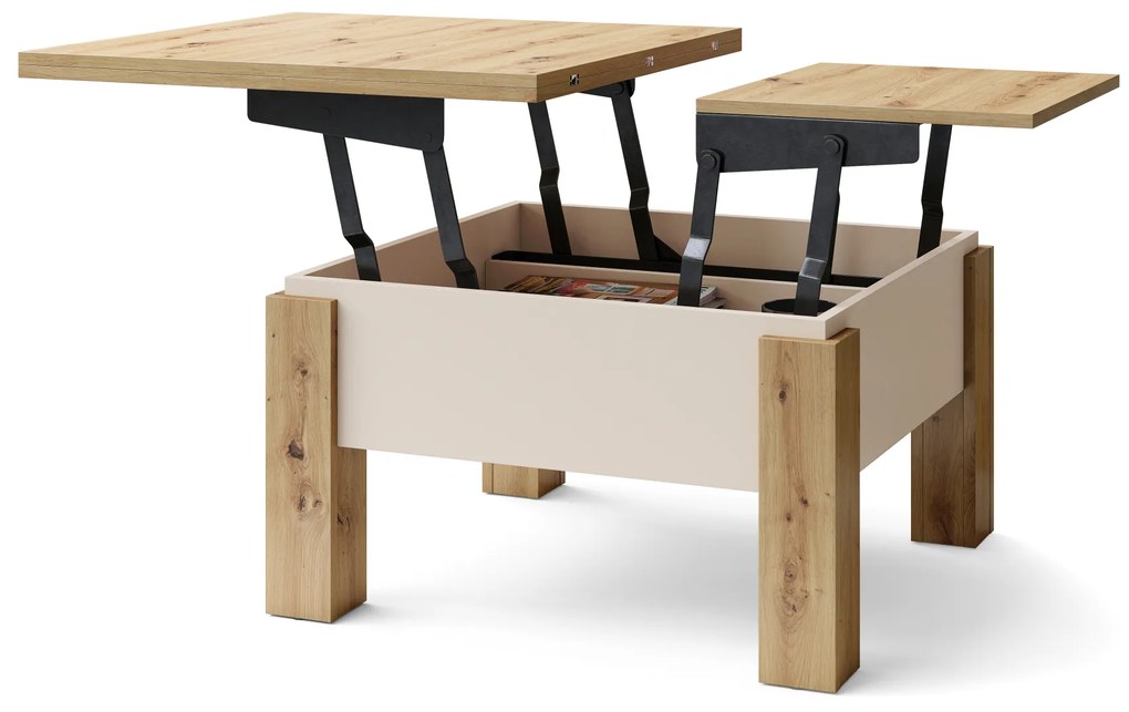 Mazzoni OSLO Stejar Artisan/Bej (Șampanie) - MĂSUȚĂ EXTENSIBILĂ CU RIDICAREA BLATULUI MĂSUȚĂ DE CAFEA