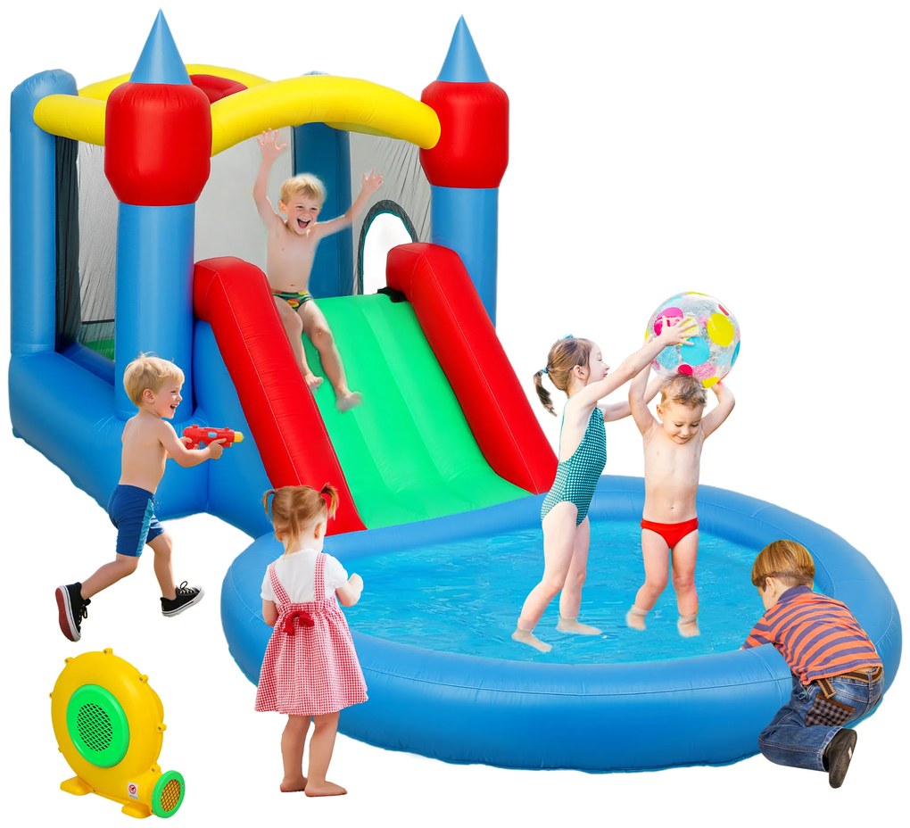 AIYAPLAY Castel gonflabil 4 în 1 cu tobogan, coș de baschet, piscină cu bile, ventilator 370W, 415 x 205 x 190 cm | Aosom Romania