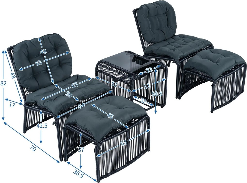 Set mobilier de grădină de exterior în 5 piese, set lounge pentru balcon cu 2 scaune, 2 taburete și masă cu blat din sticlă, Negru+Gri