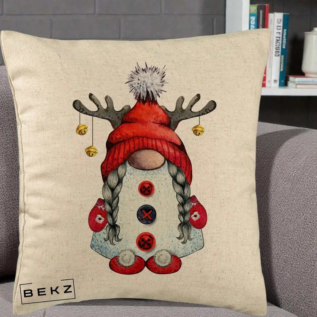 Perna Decorativa Pitic Gnom Craciun cu Coarne de Ren, 40x40 cm, Bej, Husa Detasabila, Perna Inclusa, BEKZ®