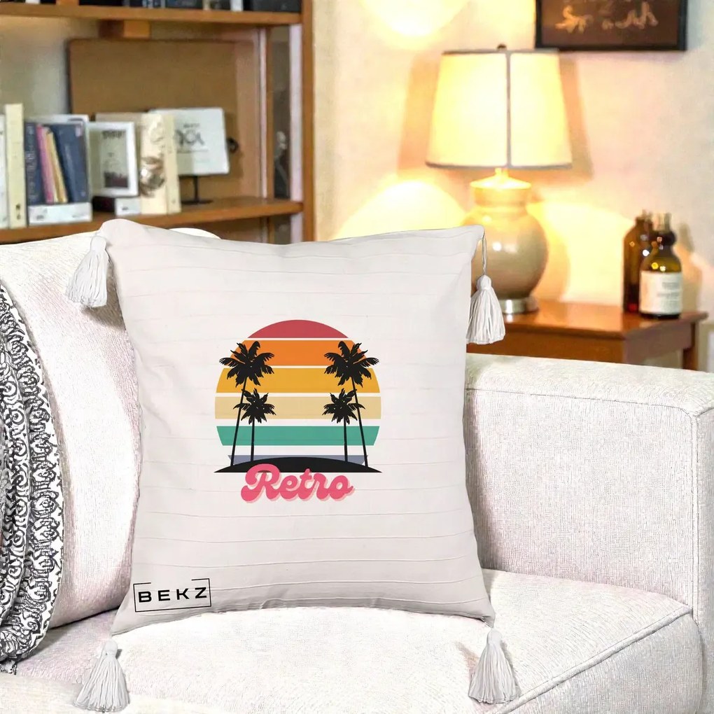 Perna Decorativa Retro Sunset Palmieri, 40x40 cm, Bej cu Franjuri, Husa Detasabila, Perna Inclusa, BEKZ®