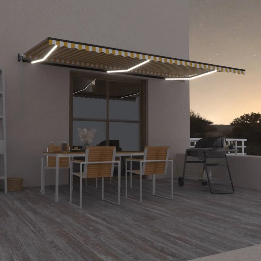 vidaXL Copertină automată cu senzor vânt&amp;LED, galben/alb, 600x350 cm