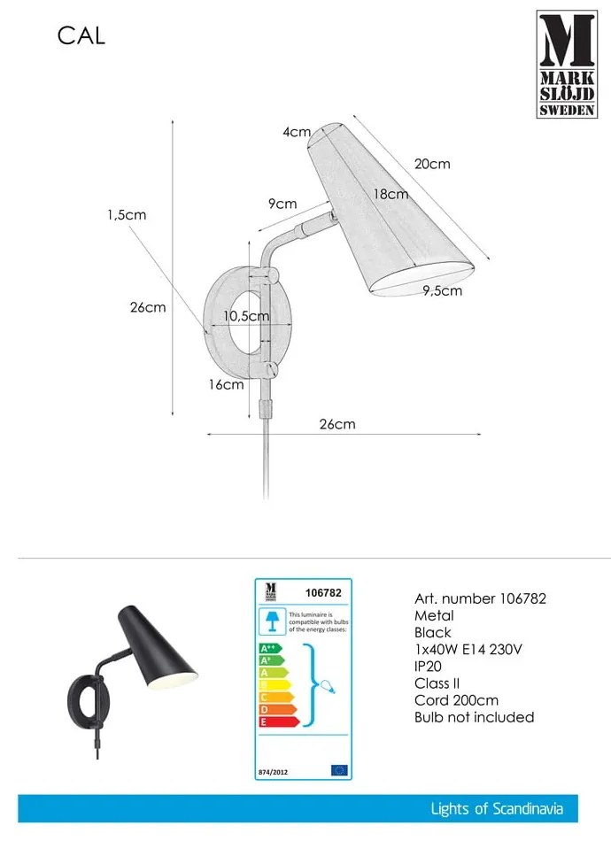 Aplică de perete neagră cu alimentare la priză ø 9,5 cm Cal – Markslöjd