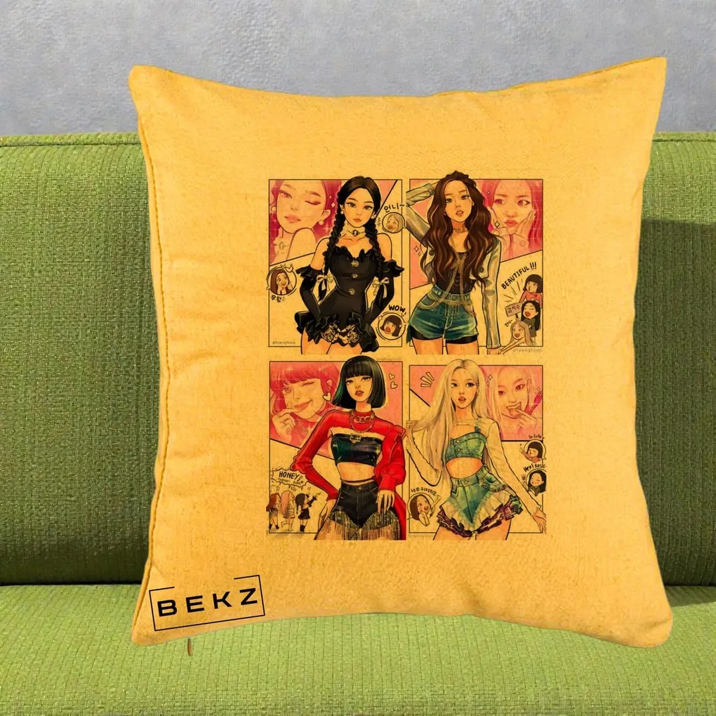 Perna Personalizata K-pop BLACKPINK Fanart Manga Benzi Desenate 4 Membre, 40x40 cm, Galben, Husa Detasabila, Perna Inclusa, BEKZ®