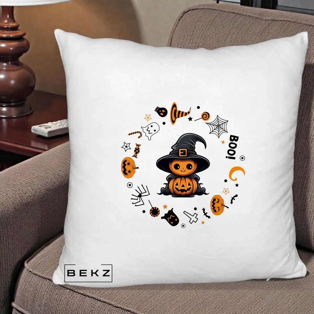 Perna Decorativa Halloween Dovleac Vrajitor Boo cu Simboluri, 40x40 cm, Alb Pufos, Husa Detasabila, Perna Inclusa, BEKZ®