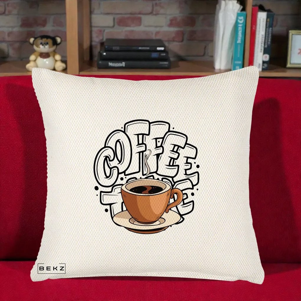 Perna Personalizata COFFEE cu Cana, 40x40 cm, Crem Reliefat, Husa Detasabila, Perna Inclusa, BEKZ®