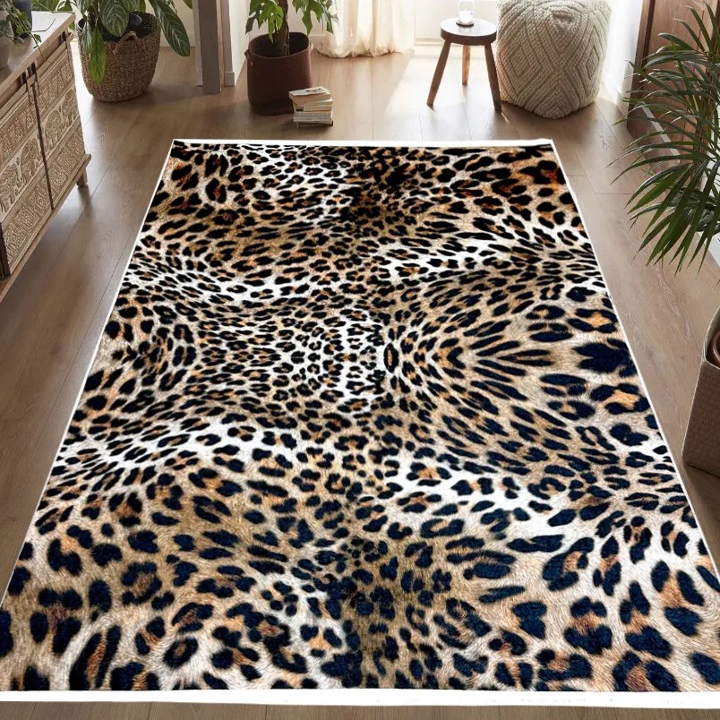 Covor camera antiderapant, 80x200 cm, leopard, model Safari