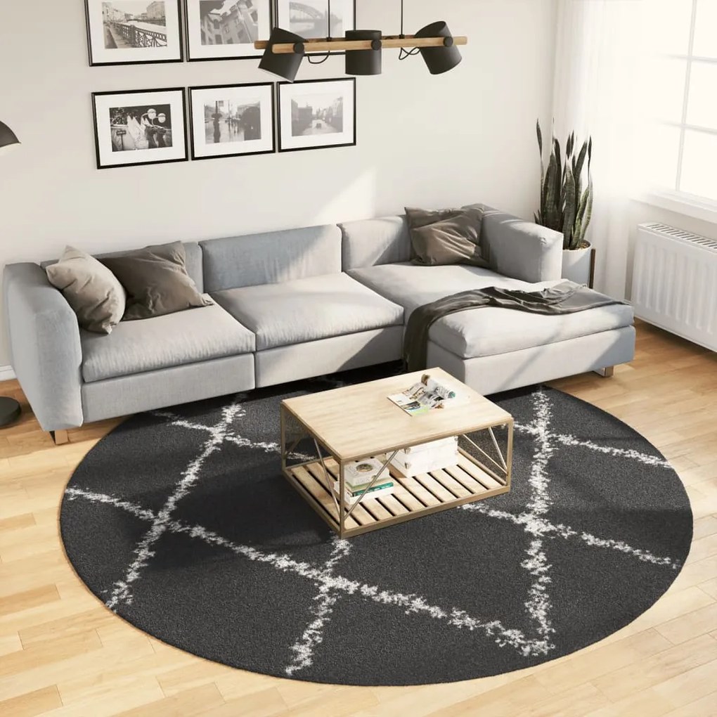 vidaXL Covor pufos &quot;PAMPLONA&quot; fire înalte negru/crem modern Ø 240 cm