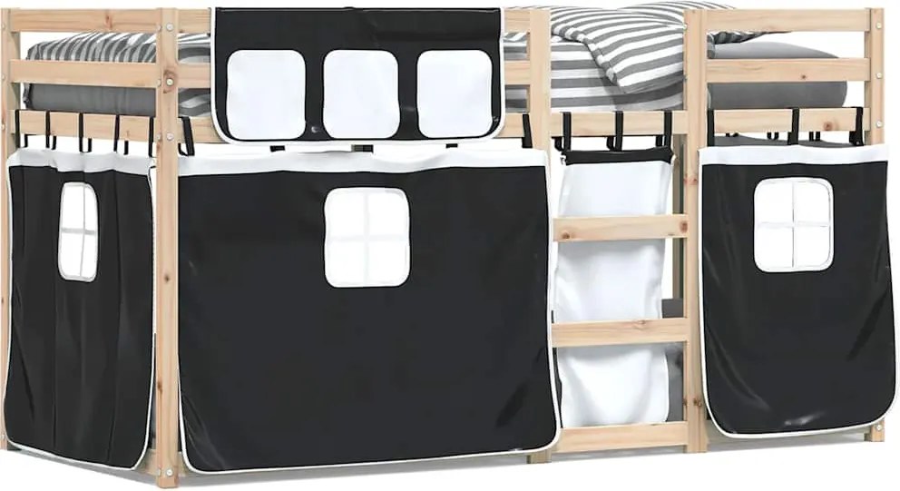 vidaXL Pat supraetajat de copii perdele, alb/negru, 90x190 cm lemn pin